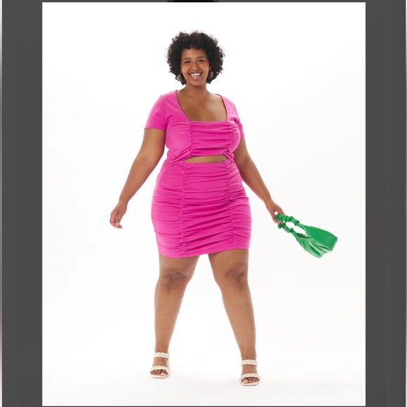 “Christian” Ruched Cotton Cut Out Dress in Fuschia from What Lo Wants - Picture 1 of 6